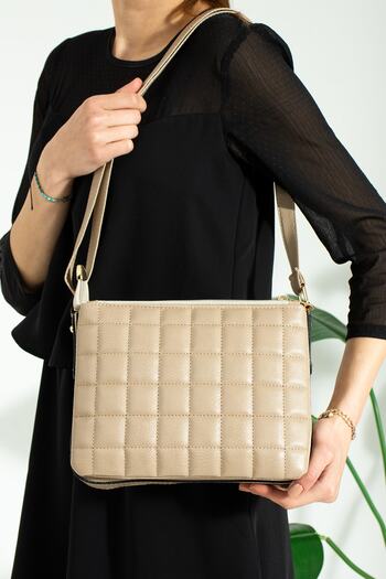 By Hakan Sn 1357 Quilted Women's Handbag Three Compartment Bag Mink