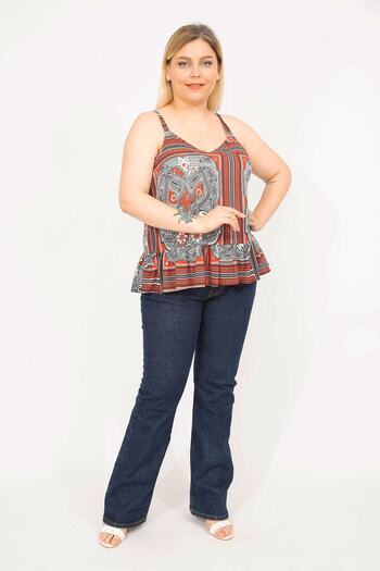 Şans Women's Colorful Plus Size Strappy Blouse with Flounce Hem 65n35786