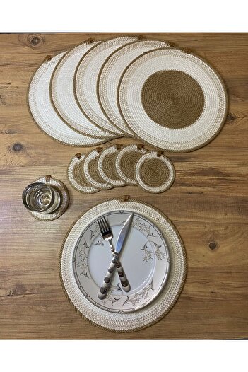AYŞE SERHOŞOĞLU HOME DESİGN 12 Piece Placemat for 6 People, Wicker Tableware Set, Plate and Coaster Set, Machine Stitched