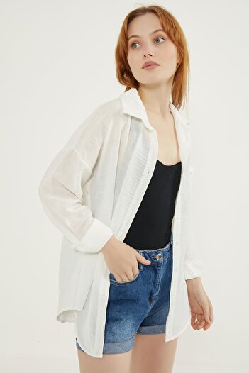 MEECY Women's White Lightweight Oversize Linen Shirt