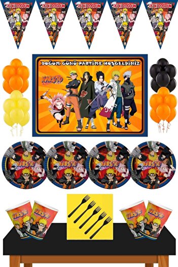 Parti Furyası Naruto Birthday Concept with Large Banner 50X70 cm Naruto Birthday Set of 8
