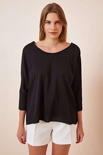 Happiness İstanbul Kadın Siyah Yarasa Kol Oversize Örme Tunik VM00037