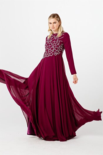 Esswaap Plum Asymmetrical Stone Detailed, Chiffon Evening Dress