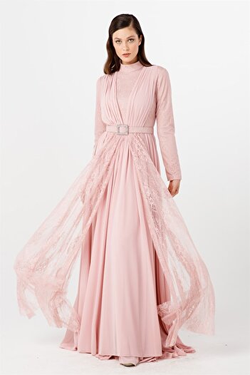 Esswaap Evening Dress with Powder Stone Buckle Belt, Siphon and Lace
