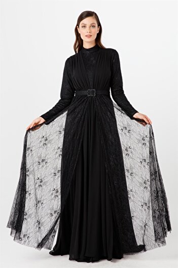 Esswaap Black Stone Buckle Belt, Flusher and Lace Evening Dress