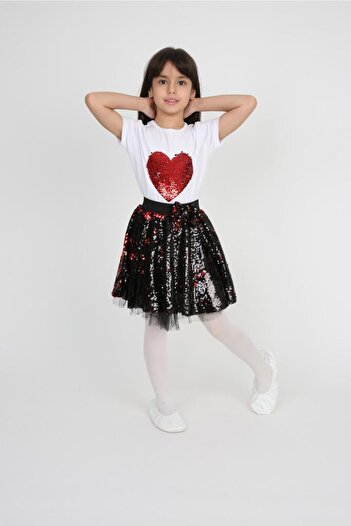 Dıgıl Kids Girl's Red Black Sequin Sequin Skirt Suit 23 April 29 October Performance Clothing