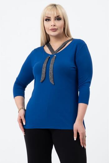 sinemisxxl Women's Collar Detailed Blue Plus Size Viscose Blouse