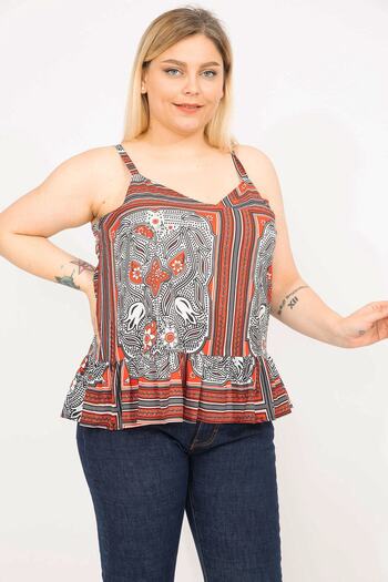 Şans Women's Colorful Plus Size Strappy Blouse with Flounce Hem 65n35786