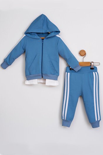 Mai Perla Yandan Çizgili Kanguru Cepli Fermuarlı Sports Wear 2 Li Bebek Takım