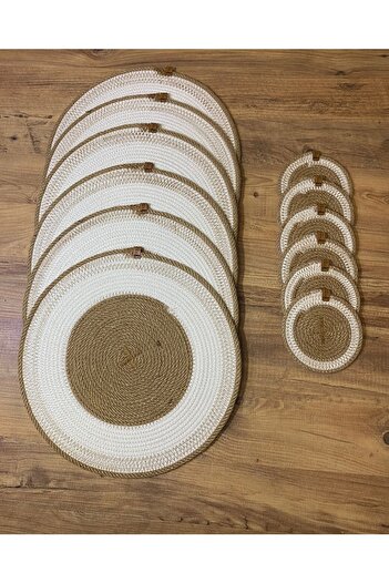 AYŞE SERHOŞOĞLU HOME DESİGN 12 Piece Placemat for 6 People, Wicker Tableware Set, Plate and Coaster Set, Machine Stitched