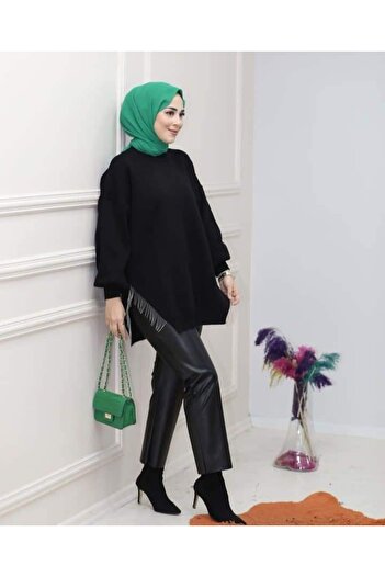 Şule Giyim Black Knitwear Tunic - Semi-Chain Design