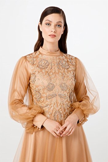 Esswaap Gold Tulle Floral Stone Patterned Evening Dress with Smocked Sleeves