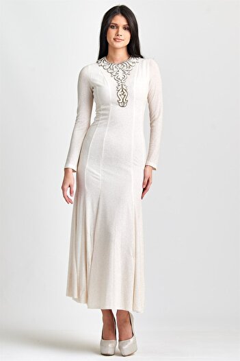 Esswaap Ecru Collar Pasting Jewelled Fish Collar Evening Dress