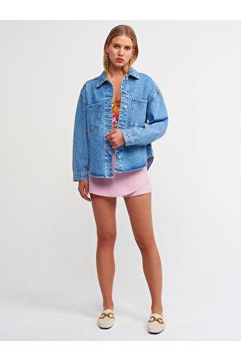 Dilvin 50680 Kalın Kumaş Oversize Gömlek-mavi