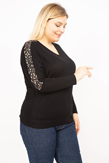 Şans Women's Black Plus Size Sleeves Leopard Garnished V-Neck Blouse 65n35783