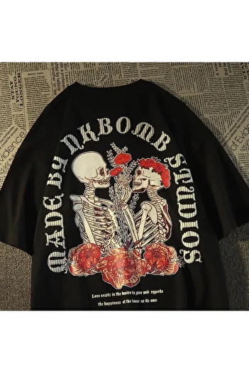 Touz Skulls In Love & Roses Back Printed Black Unisex Oversize T-shirt