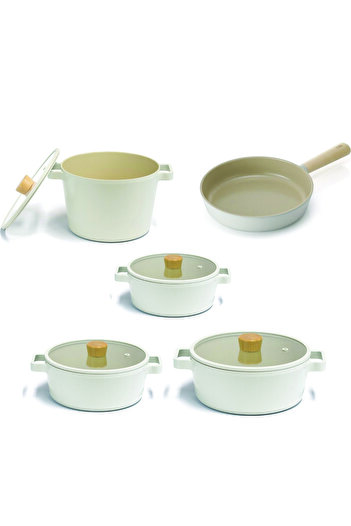 NEOFLAM Fika Aluminum Cast Glass Lid 9 Piece Cookware & Pan Set Beige 18c22k22d24k24t