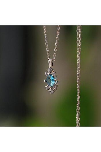 Moko Art Design Prenses Kesim Akuamarin Ve Mozanit Taşlı 925 Gümüş Kolye