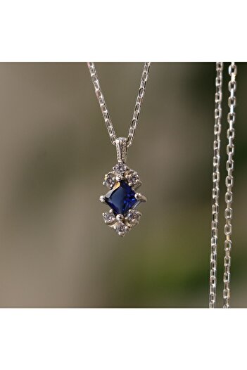 Moko Art Design Prenses Kesim Lab. Safir Ve Mozanit Taşlı 925 Gümüş Kolye