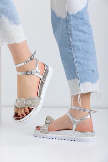 La Limar Ankle Strap Wedge Sole Flat Silver Sandals