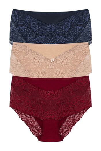 HNX 3-Piece Large Size Cotton Bato Women's Panties with Lace Front and Back