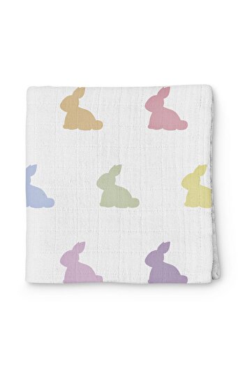 DEUX LAPINS 100% Cotton Muslin Baby Blanket 100X100 Rainbow Lapin - Multicolored Rabbit Pattern