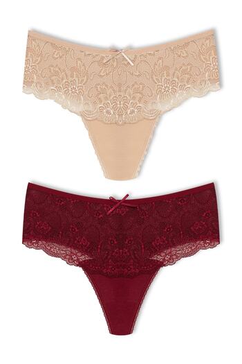 HNX 2-Piece Cotton Lace Front High Waist Large Size Thong Women's Panties
