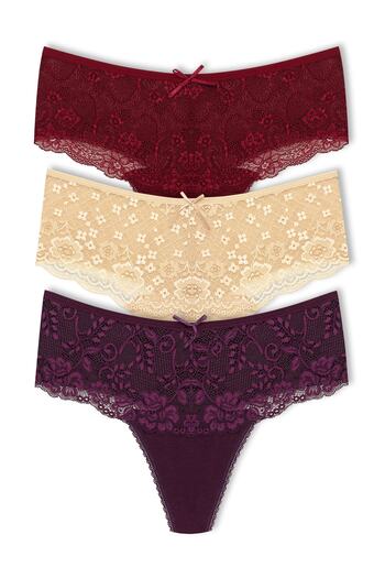 HNX 3-Piece Cotton Lace Front High Waist Large Size Thong Women's Panties