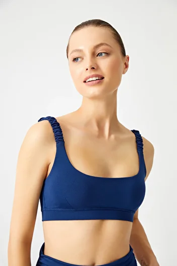 Los Ojos Navy Blue Lightly Supported Drawstring Strap Detailed Covered Sports Bra Ruched