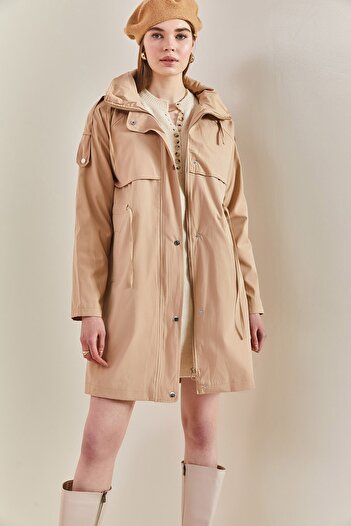 Bianco Lucci Women's Epaulette Bondik Fabric Hooded Trench Coat