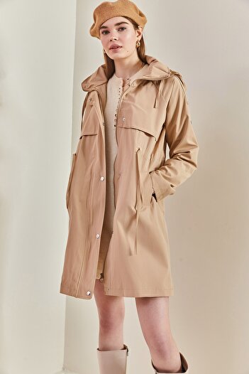 Bianco Lucci Women's Epaulette Bondik Fabric Hooded Trench Coat