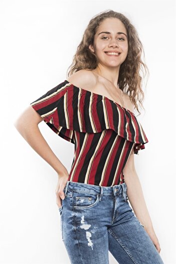 Miss Murem Boat Neck Frilly Striped Bodysuit-burgundy