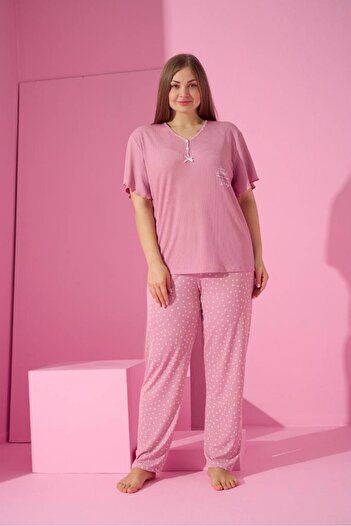 MEBA Women's Short Sleeve Plus Size Camisole Powder Pajama Set -6