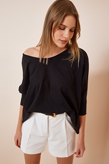 Happiness İstanbul Kadın Siyah Yarasa Kol Oversize Örme Tunik VM00037