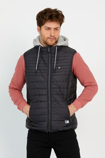 Wise Anthracite Men's Puffer Vest - Removable Hood, Combed Cotton Lined