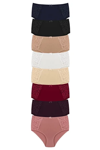 HNX 8-Piece Cotton High Waist Large Size Bato Women's Panties with Lace Detail on the Sides