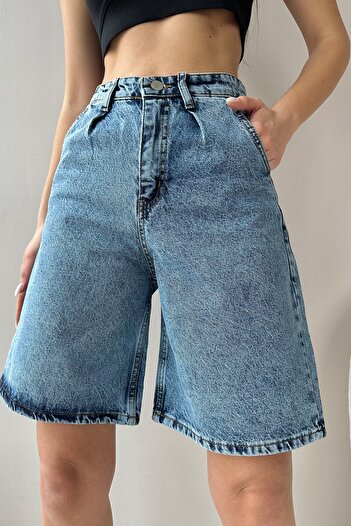 Trend Alaçatı Stili Női sötétkék, magas derekú, széles szárú Bermuda farmer rövidnadrág ALC-X8174