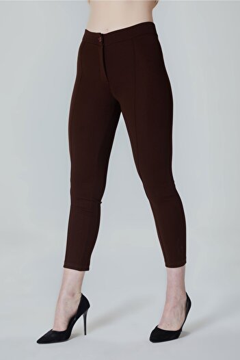HAKKE Women's Brown High Waist Comfortable Skinny Leg Çimalı Fabric Trousers 1702çimalı