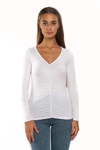 Miss Murem V-Neck Gathered Front Stripe Blouse-white