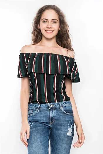 Miss Murem Boat Neck Frilly Striped Bodysuit-green