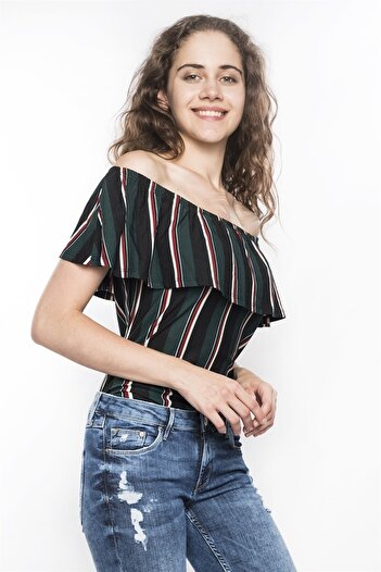 Miss Murem Boat Neck Frilly Striped Bodysuit-green