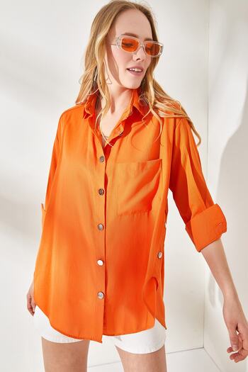 Olalook Women's Orange Side Button Detailed Oversize Woven Shirt GML-19001004