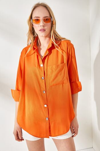Olalook Women's Orange Side Button Detailed Oversize Woven Shirt GML-19001004