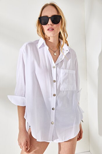 Olalook Woman's White Side Button Detailed Oversize Woven Shirt GML-19001004