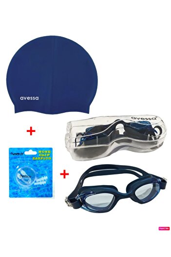 AVESSA 3'lü Yetişkin Unisex Havuz Seti Yüzücü Deniz Gözlüğü Havuz Gözlüğü + Bone + Kulak Burun Tıkacı Mavi