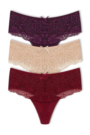 HNX 3-Piece Cotton Lace Front High Waist Large Size Thong Women's Panties