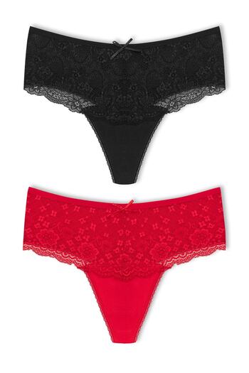 HNX 2-Piece Cotton Lace Front High Waist Large Size Thong Women's Panties