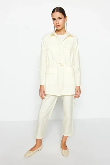 Trendyol Modest Cream Drawstring and Pocket Detailed Woven Cotton Shirt-Pants Set TCTSS23US00092