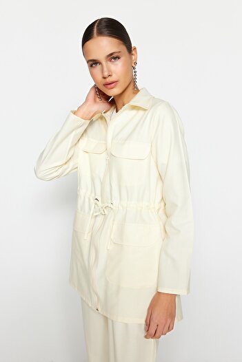Trendyol Modest Cream Drawstring and Pocket Detailed Woven Cotton Shirt-Pants Set TCTSS23US00092