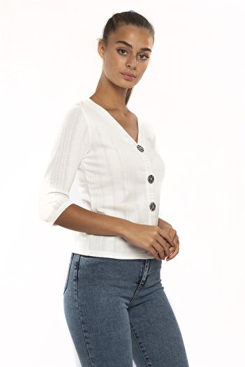 Miss Murem V-Neck Buttoned Front Blouse-white